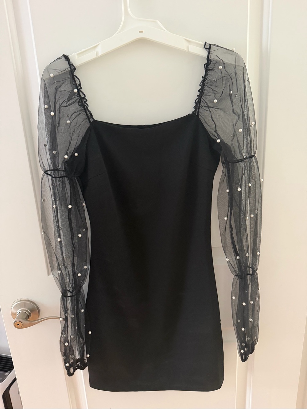 Elegant Black Mesh-Sleeve Mini Dress